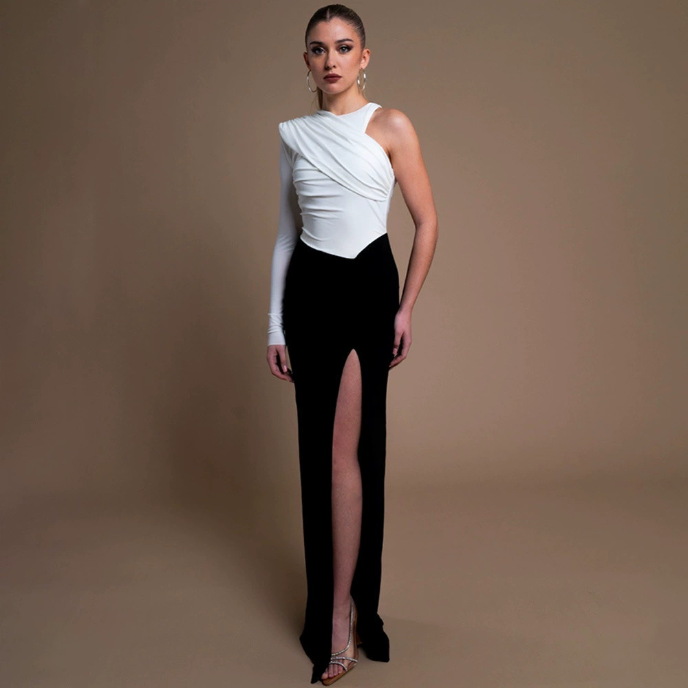 ZARA Sexy Slim Colorblock High Slit One Shoulder Maxi Dress